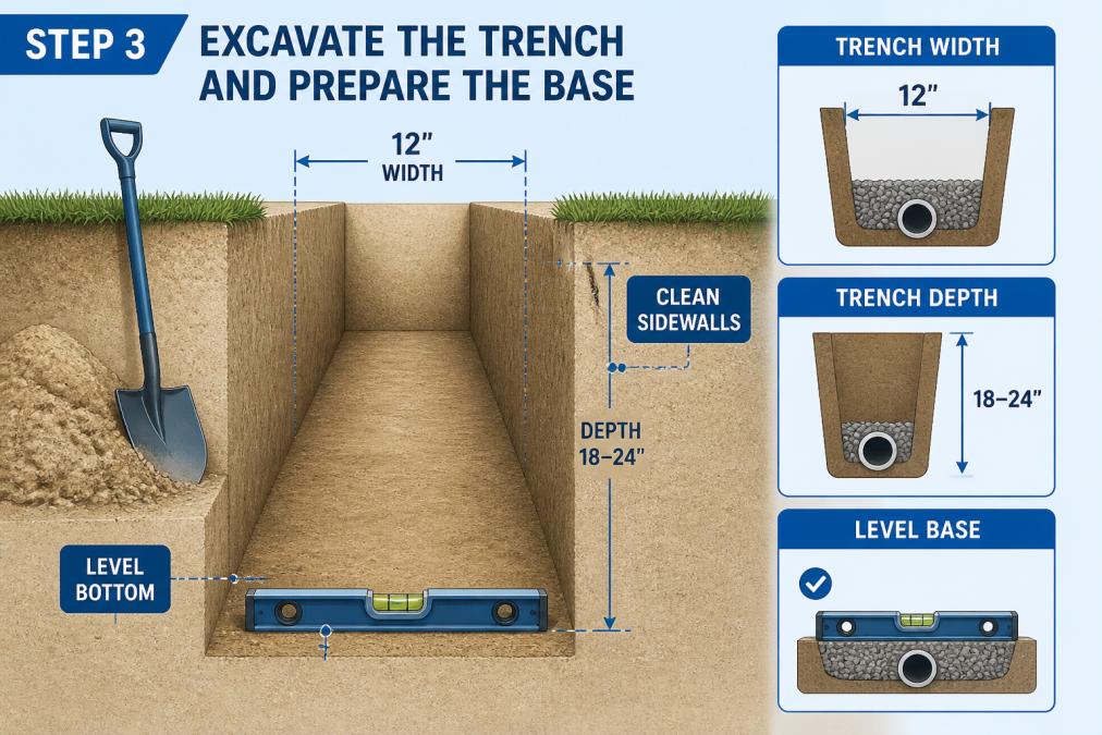 Diagram showing how to install a French drain in sandy soil by excavating a level trench with clean, stable sidewalls.